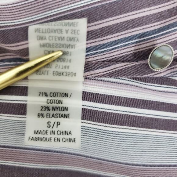 Elie Tahari Blouse Ruffled Front Cuffs S Button down Purple Multicolor Striped - Picture 12 of 12